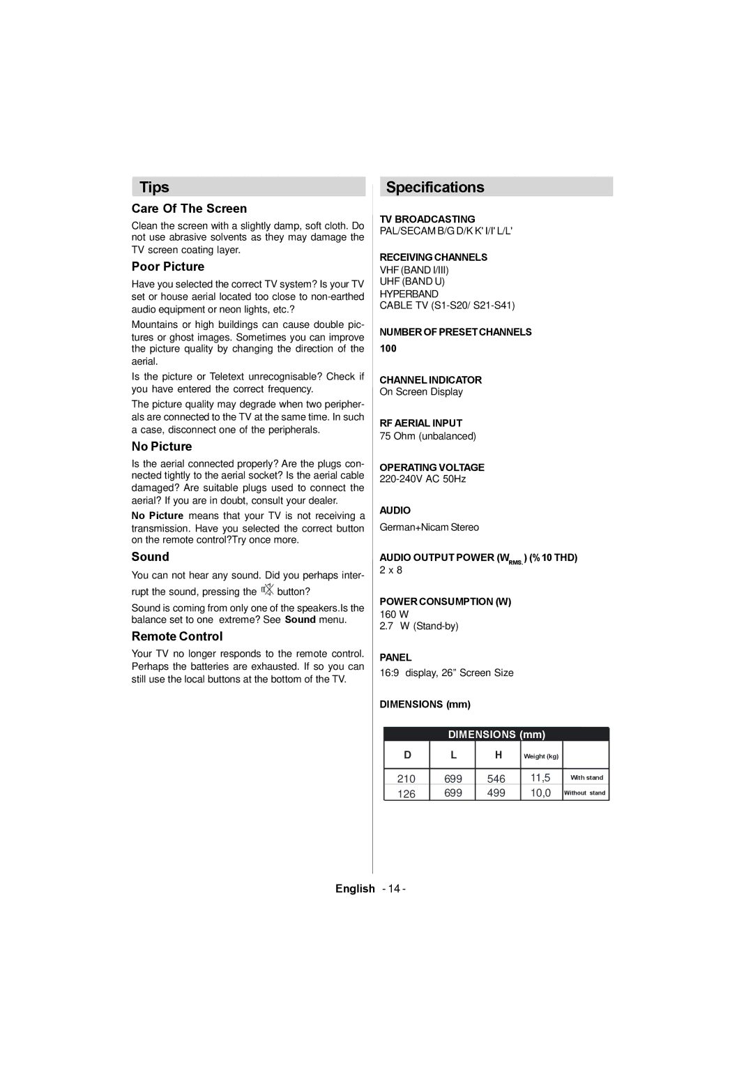 Sanyo CE26LC81-B instruction manual Tips, Specifications 