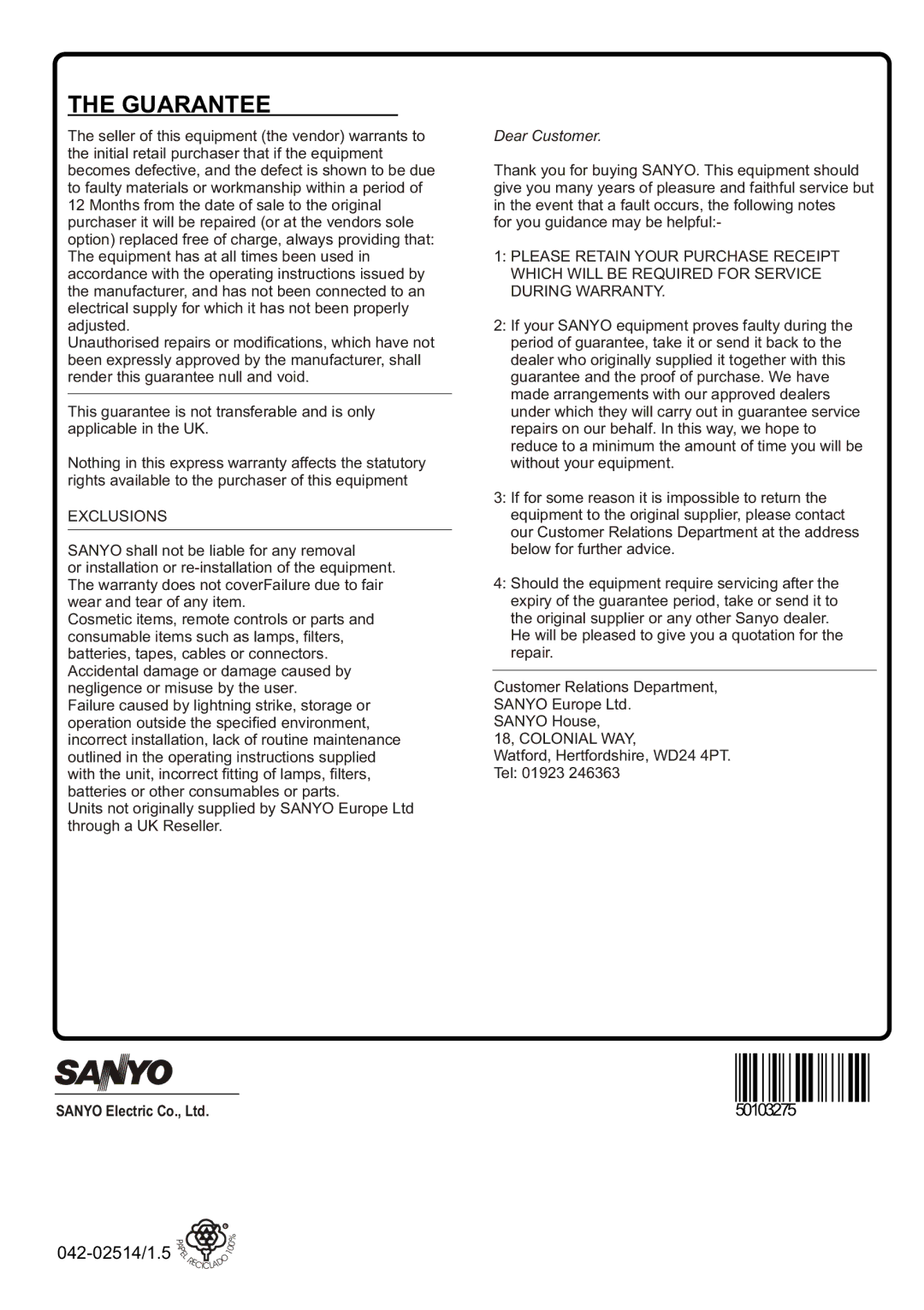 Sanyo CE26LC81-B instruction manual Guarantee 