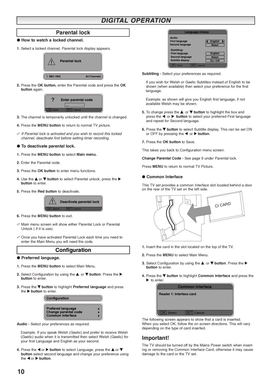 Sanyo CE27LD4-B Configuration, How to watch a locked channel, To deactivate parental lock, Preferred language 