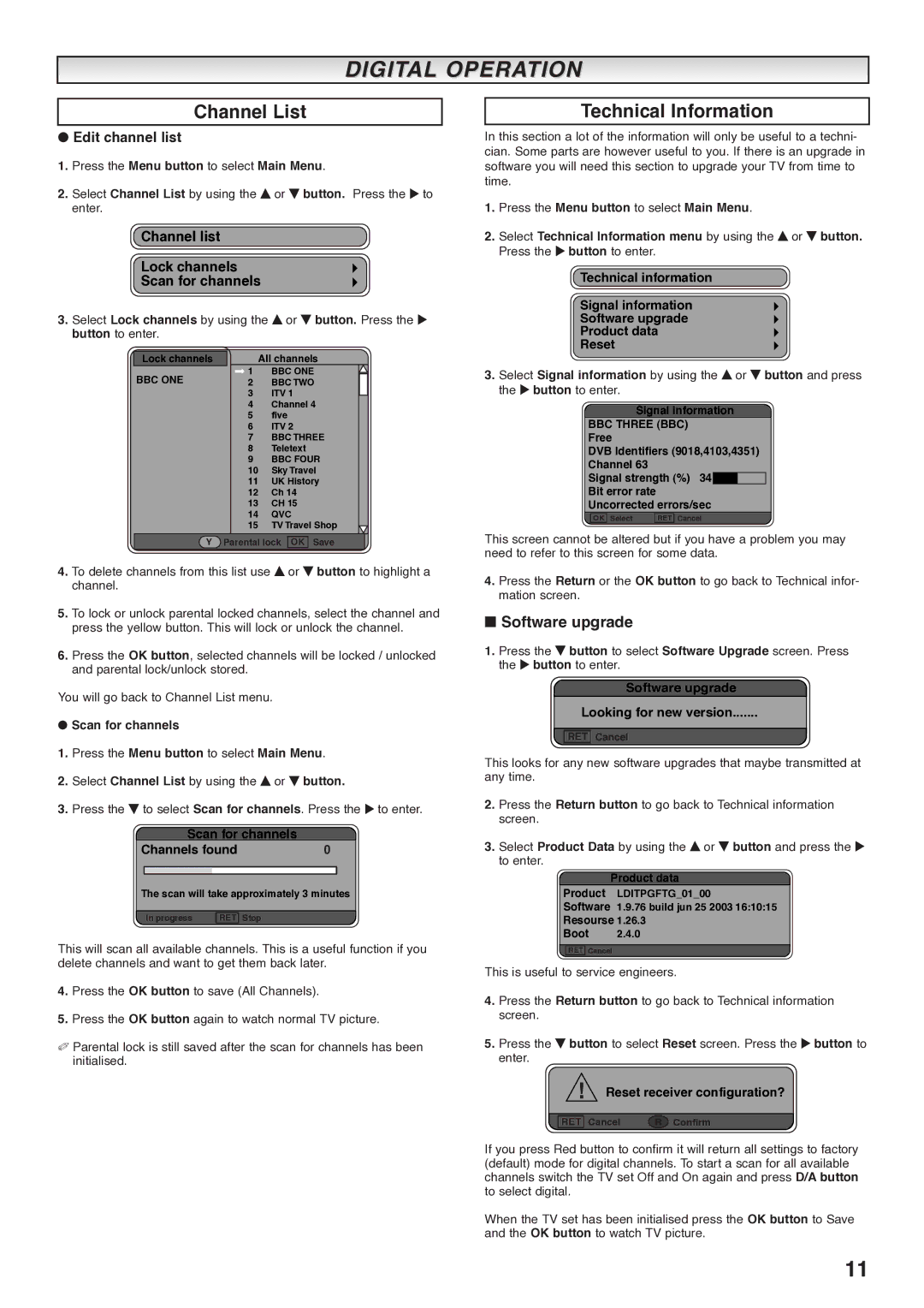 Sanyo CE27LD4-B Channel List, Technical Information, Software upgrade, Edit channel list, Scan for channels 