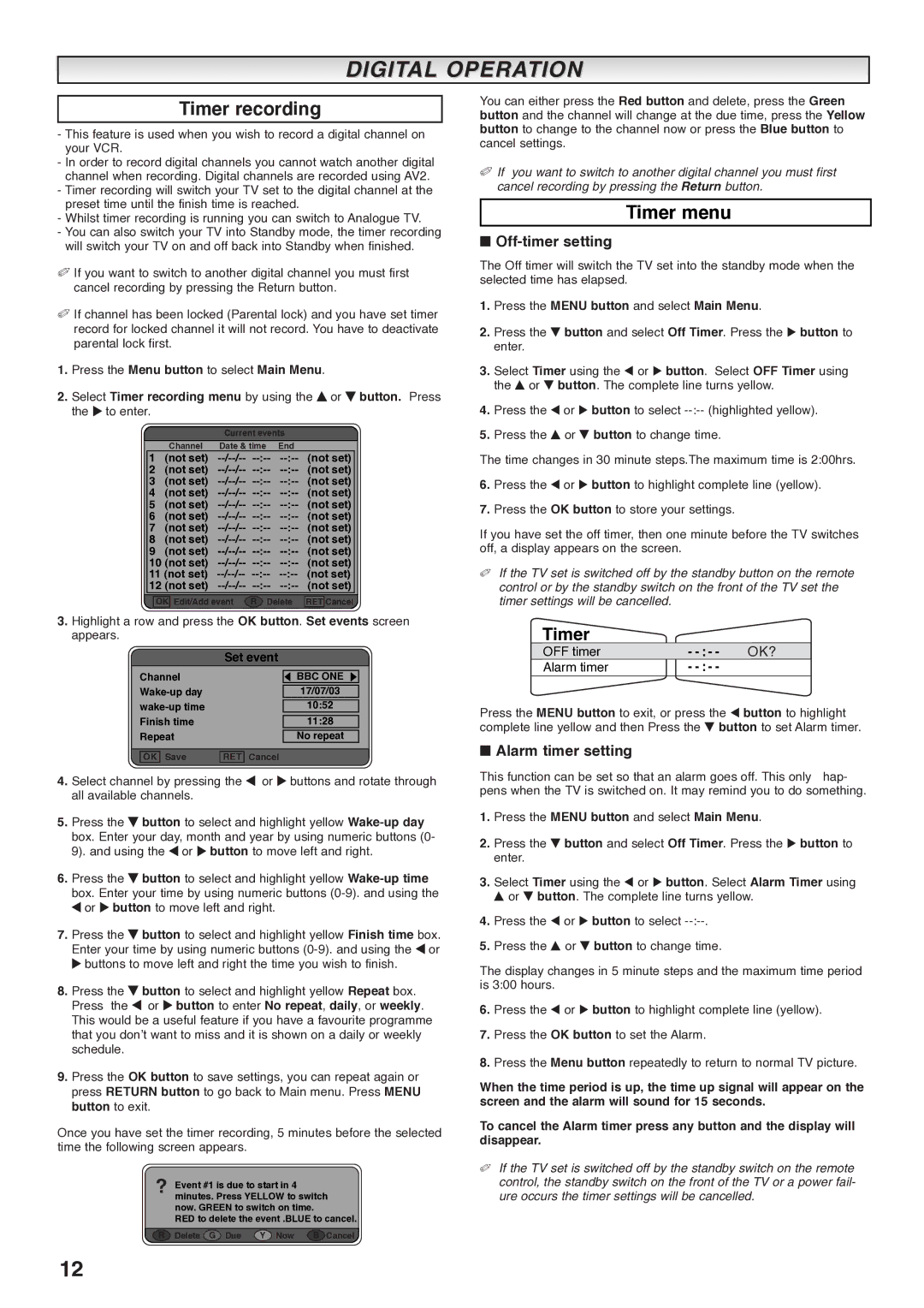 Sanyo CE27LD4-B instruction manual Timer recording, Timer menu, Off-timer setting, Alarm timer setting 