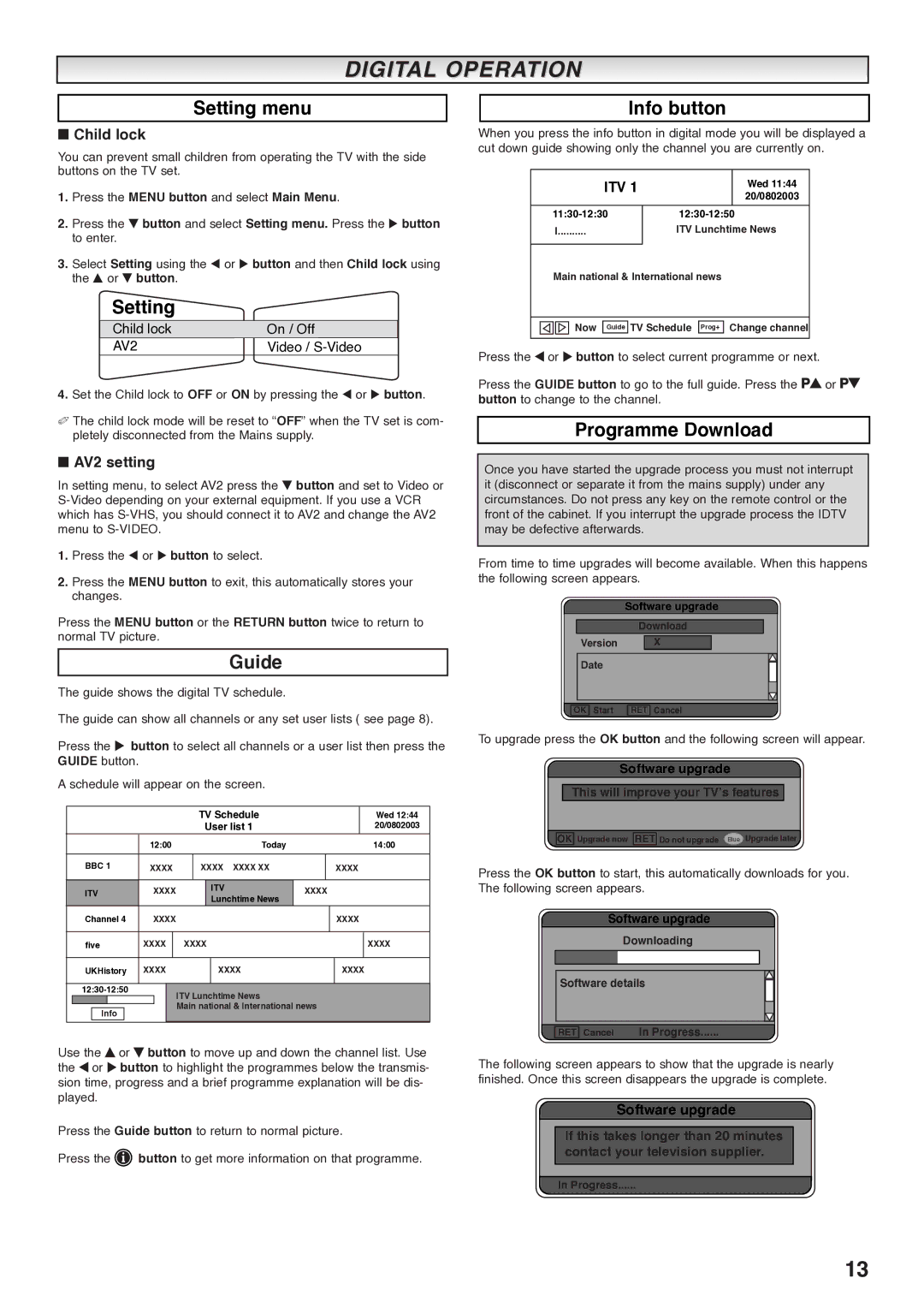 Sanyo CE27LD4-B instruction manual Setting menu, Guide, Info button, Programme Download 