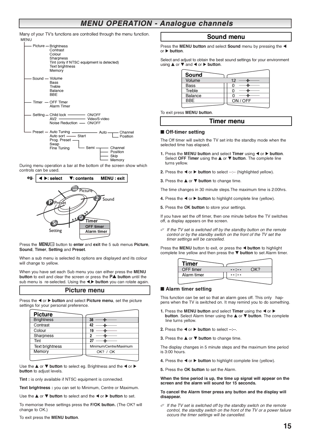 Sanyo CE27LD4-B instruction manual Menu Operation Analogue channels, Timer 