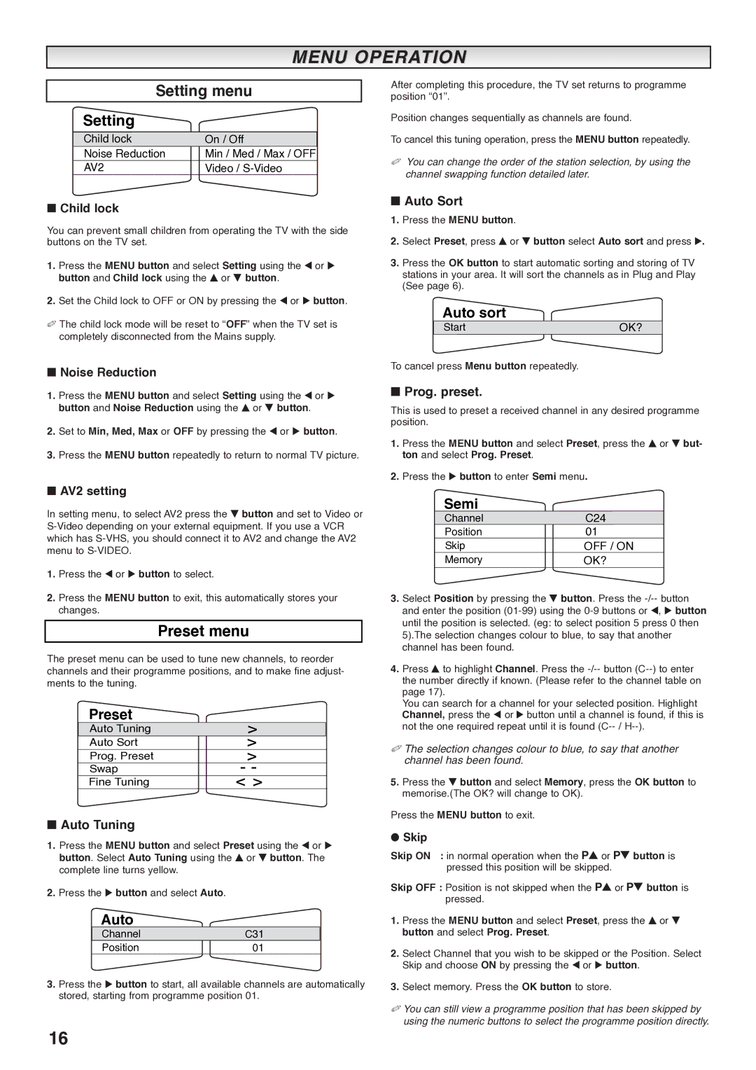 Sanyo CE27LD4-B instruction manual Menu Operation, Setting menu, Preset menu 