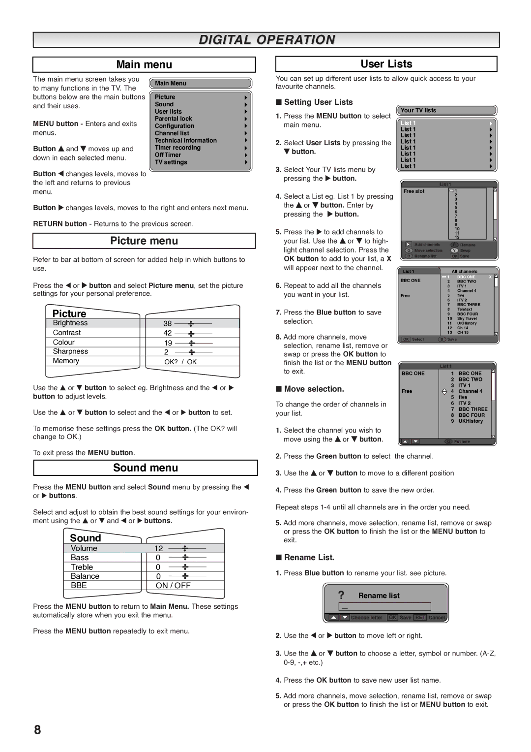 Sanyo CE27LD4-B instruction manual Digital Operation, Main menu, User Lists, Picture menu, Sound menu 