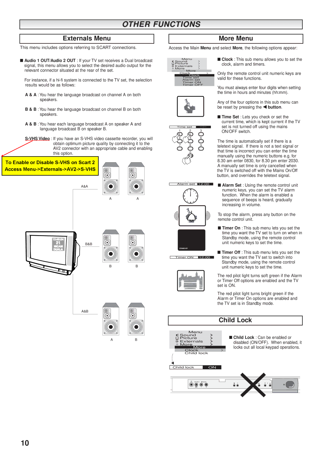 Sanyo CE28WN3-B, CE32WN3-B instruction manual Other Functions, Externals Menu, More Menu, Child Lock 