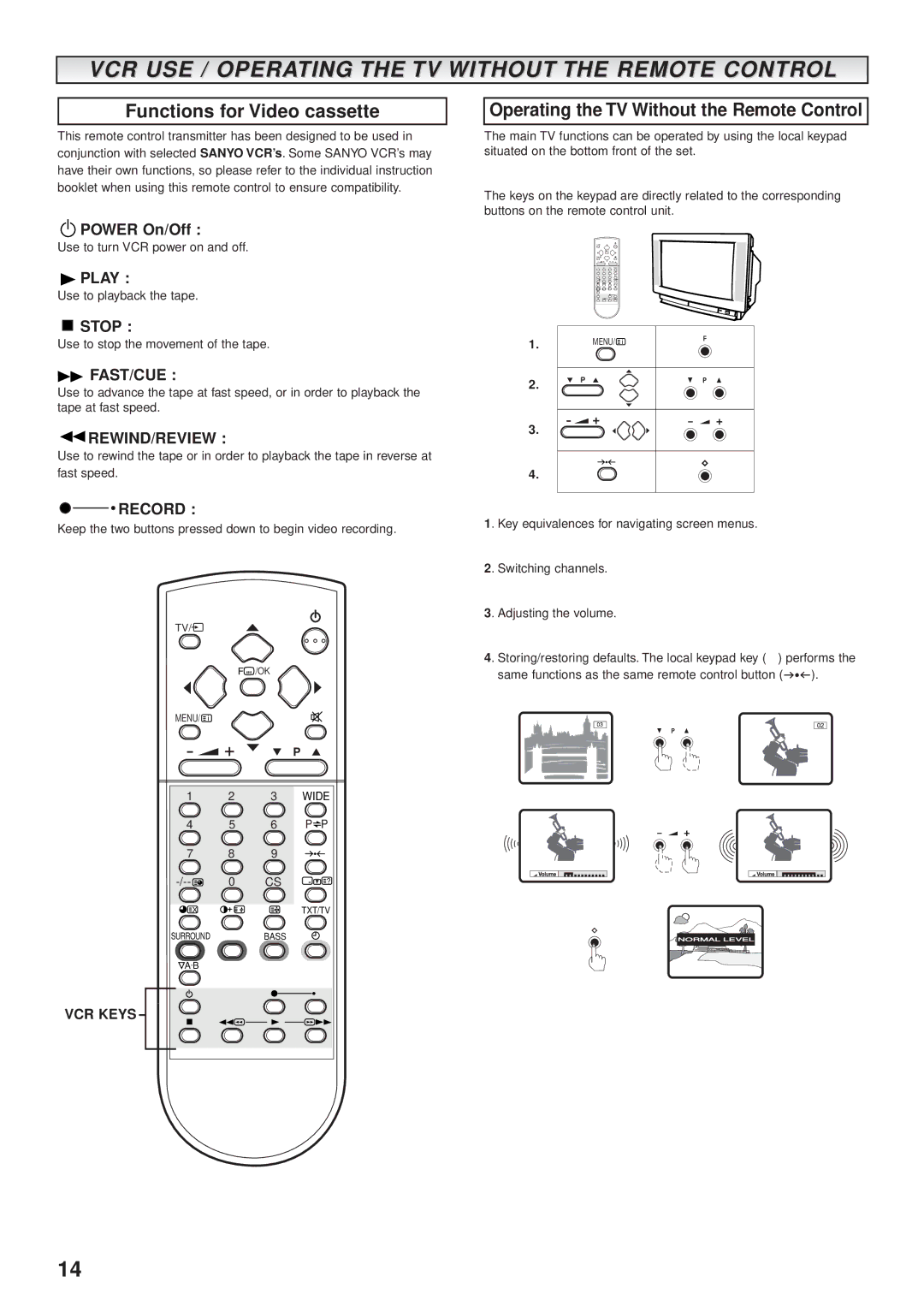 Sanyo CE28WN3-B, CE32WN3-B VCR USE / Operating the TV Without the Remote Control, Functions for Video cassette 