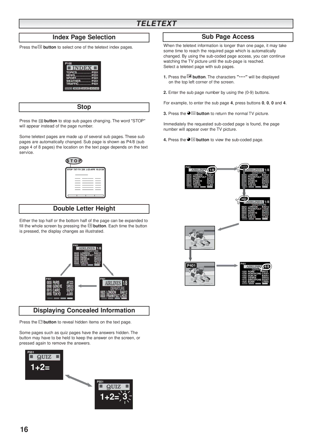 Sanyo CE28WN3-B Index Page Selection, Stop, Sub Page Access, Double Letter Height, Displaying Concealed Information 