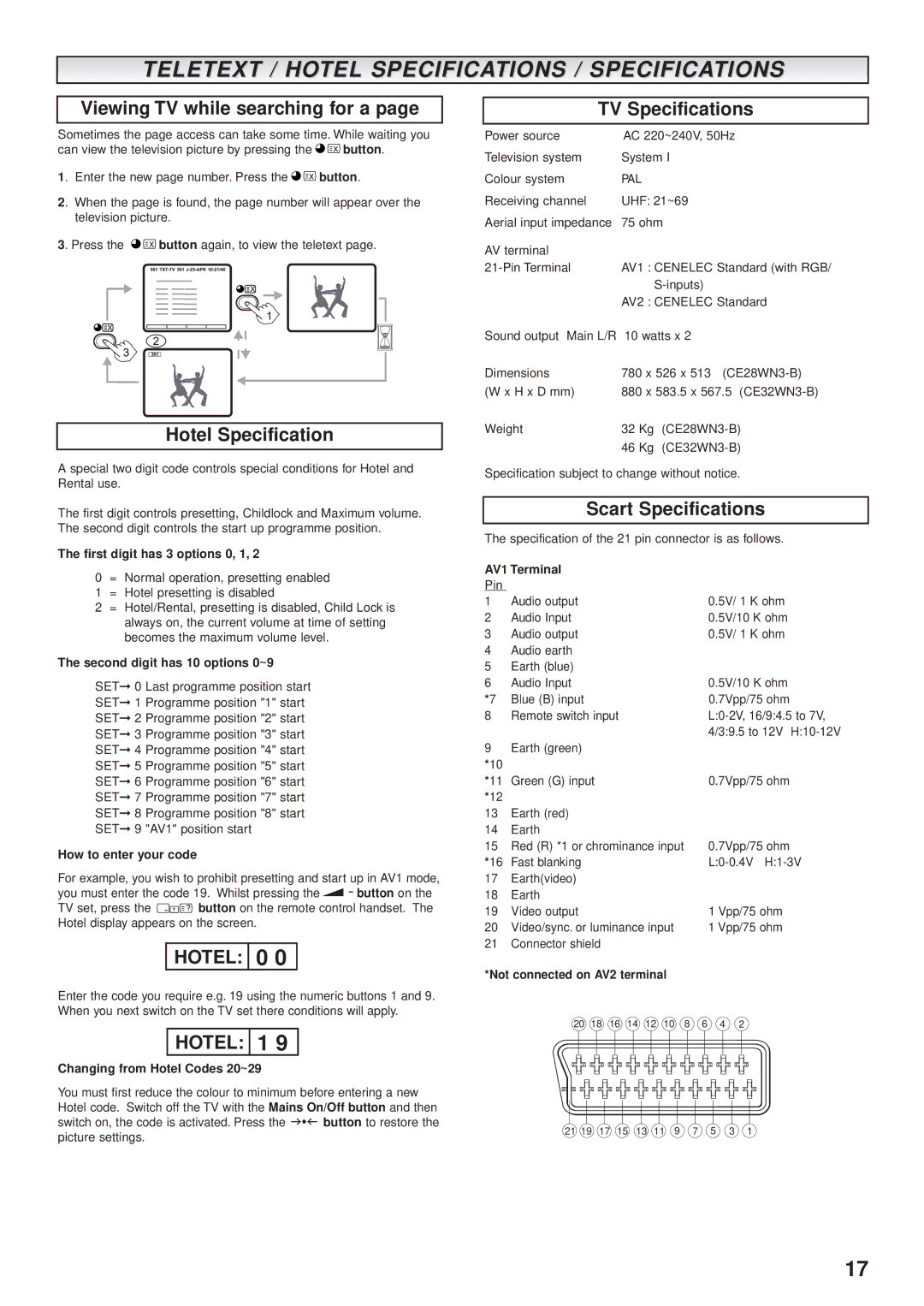 Sanyo CE32WN3-B, CE28WN3-B instruction manual Teletext / Hotel Specifications / Specifications 