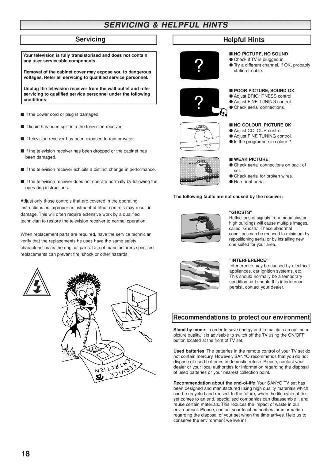 Sanyo CE28WN3-B, CE32WN3-B instruction manual Servicing & Helpful Hints, Recommendations to protect our environment 