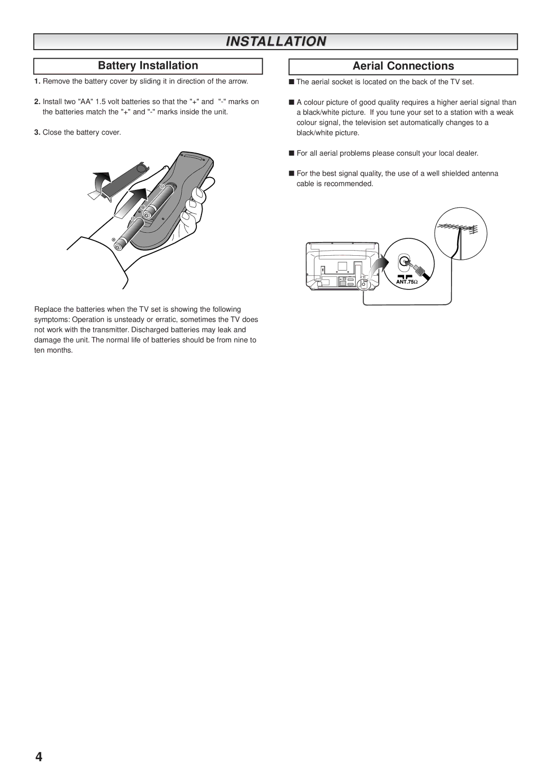 Sanyo CE28WN3-B, CE32WN3-B instruction manual Battery Installation, Aerial Connections 