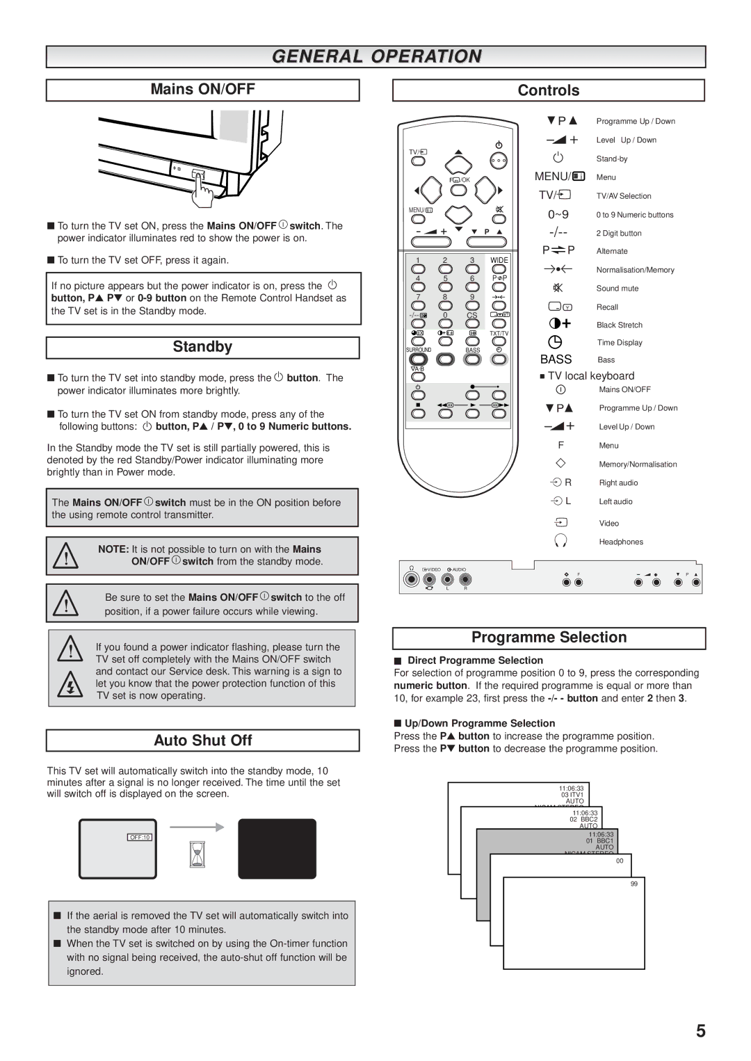 Sanyo CE32WN3-B, CE28WN3-B General Operation, Mains ON/OFF Controls, Standby, Auto Shut Off, Programme Selection 