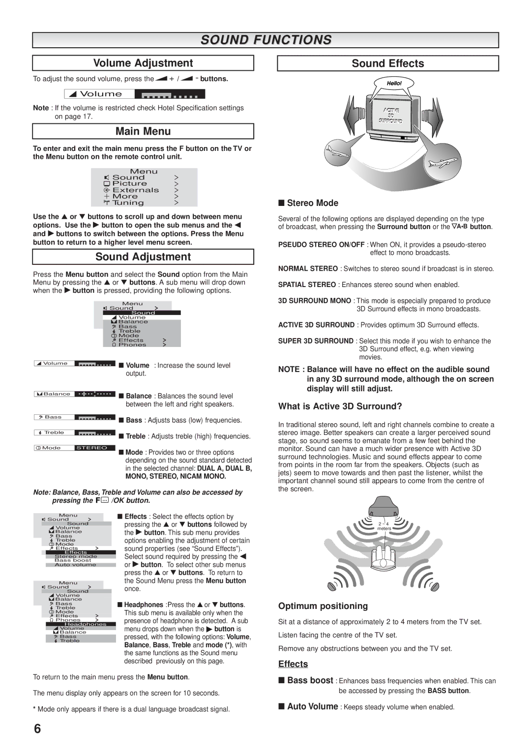 Sanyo CE28WN3-B, CE32WN3-B instruction manual Sound Functions, Volume Adjustment, Main Menu, Sound Adjustment, Sound Effects 