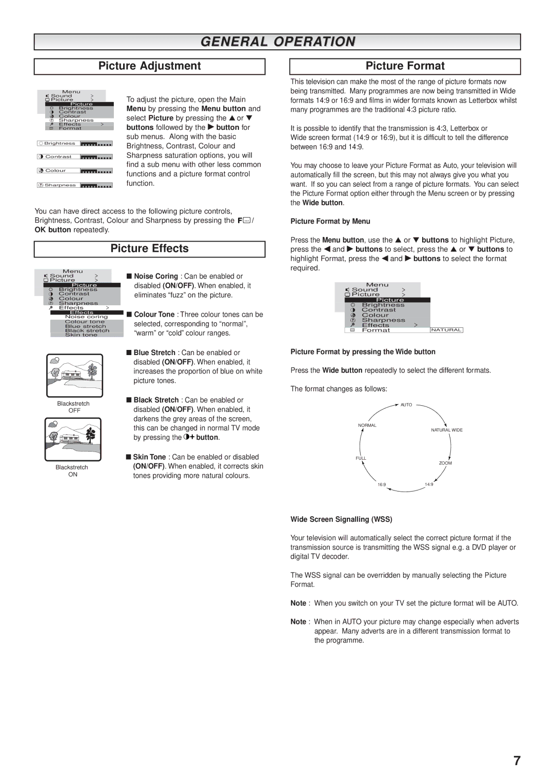 Sanyo CE32WN3-B Picture Adjustment Picture Format, Picture Effects, Picture Format by Menu, Wide Screen Signalling WSS 