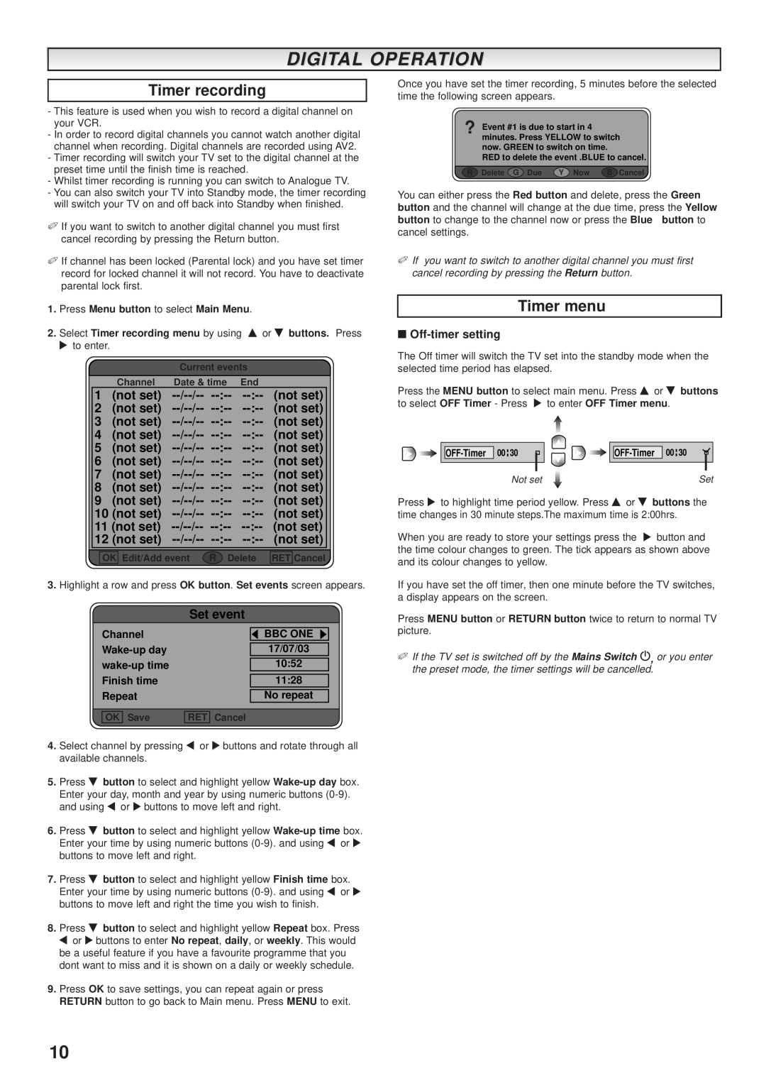 Sanyo CE32DFN2-B instruction manual Timer recording, Timer menu, Digital Operation, Off-timer setting 