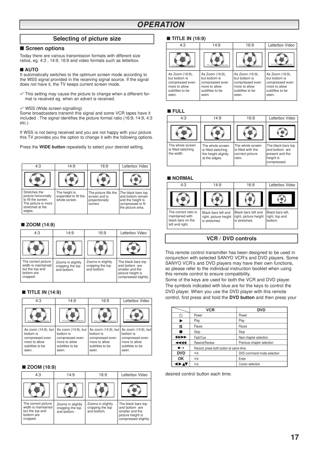 Sanyo CE32DFN2-B instruction manual Operation, Selecting of picture size 
