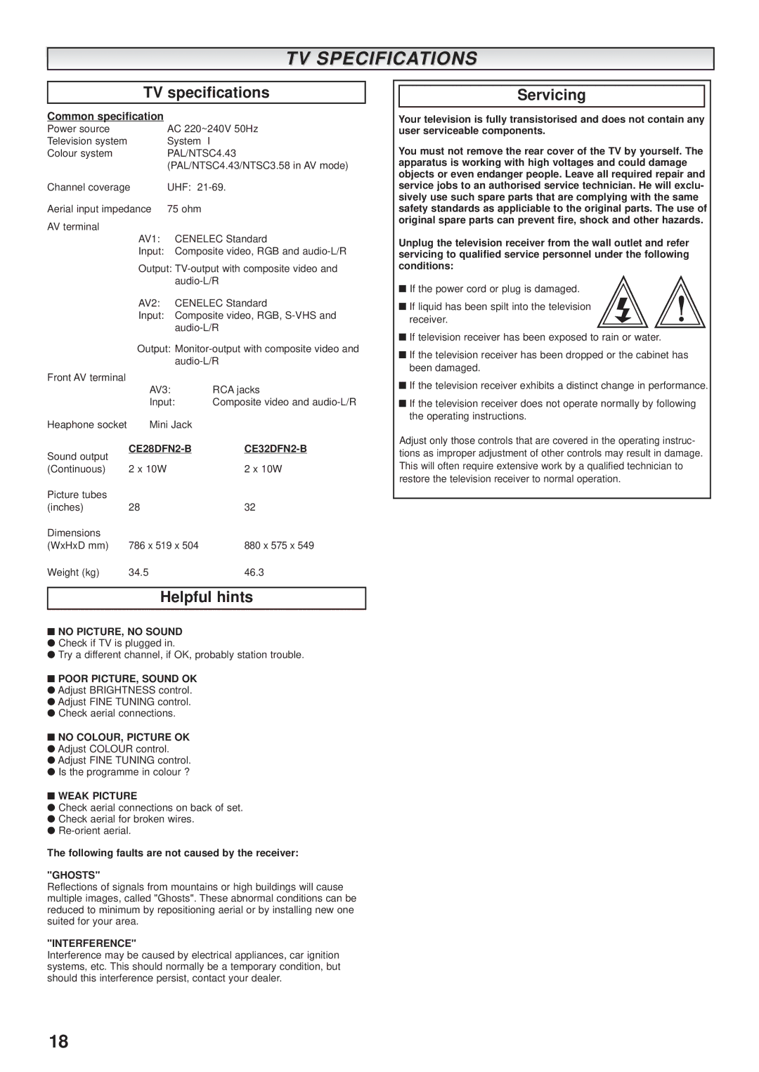 Sanyo CE32DFN2-B instruction manual TV Specifications, TV specifications, Helpful hints, Servicing 