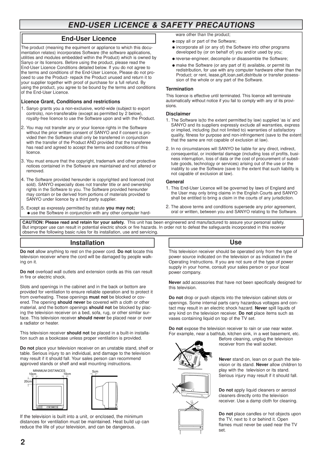 Sanyo CE32DFN2-B instruction manual END-USER Licence & Safety Precautions, End-User Licence, Installation Use 