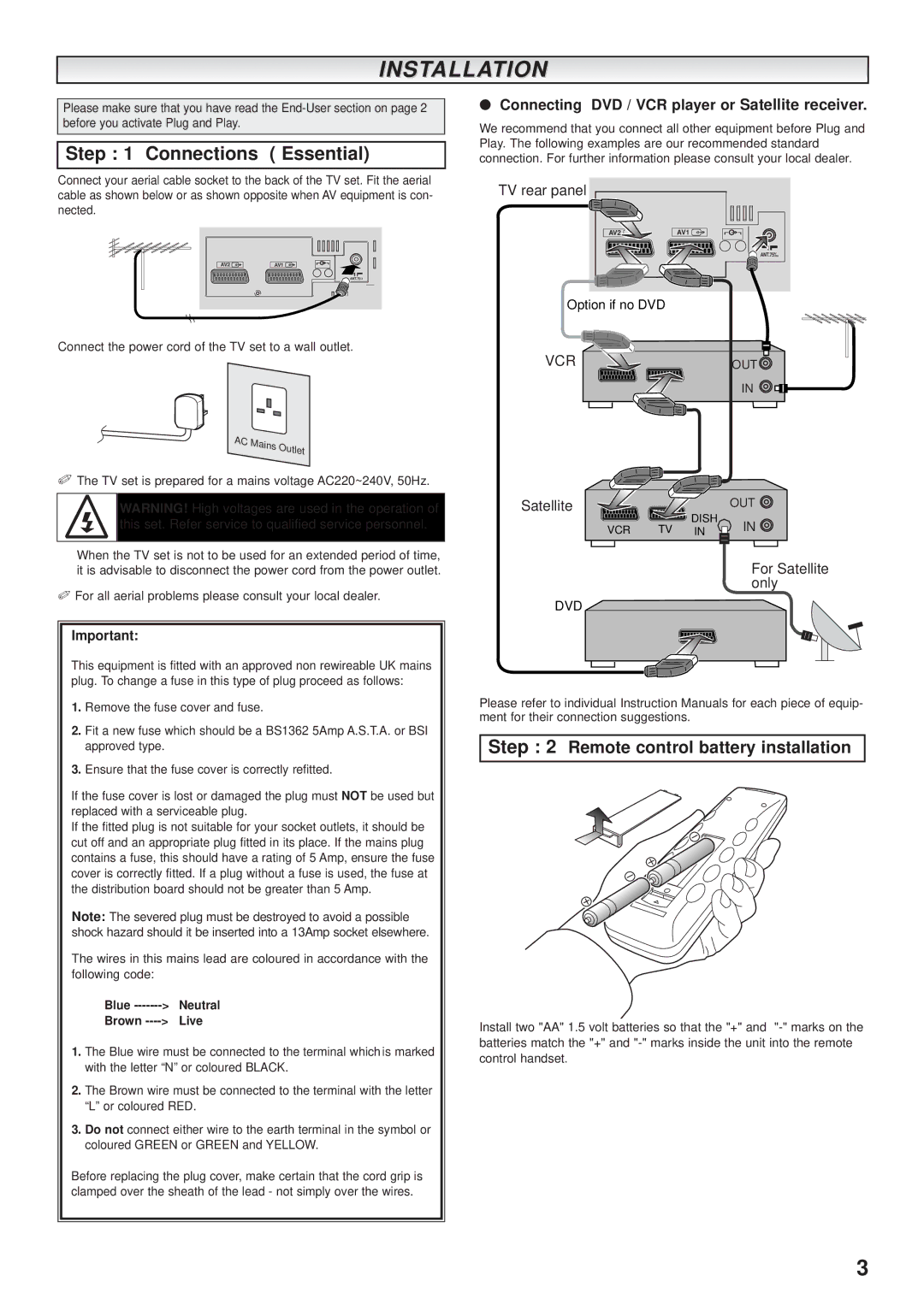 Sanyo CE32DFN2-B instruction manual Installation, Connections Essential, Remote control battery installation, TV rear panel 