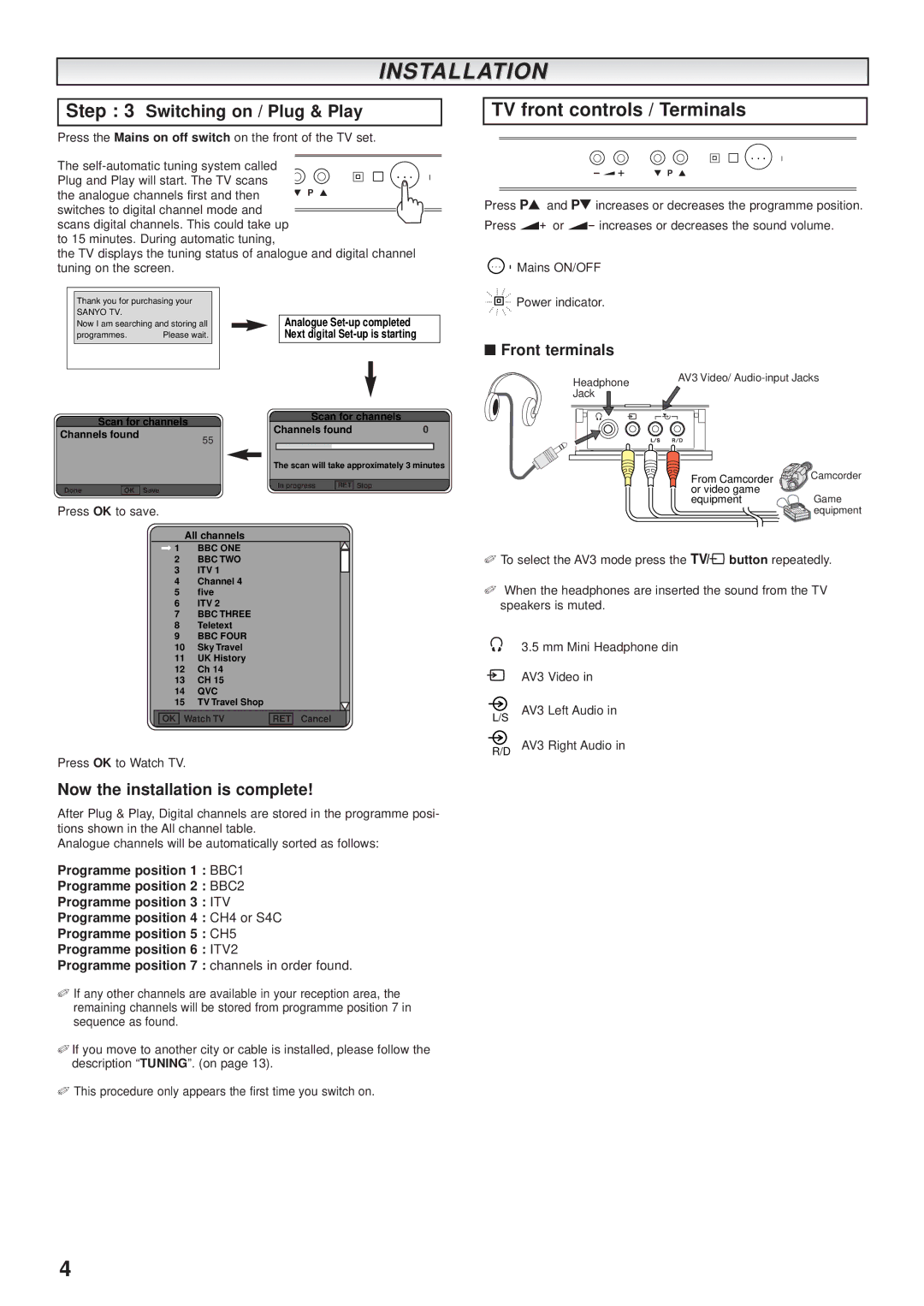 Sanyo CE32DFN2-B instruction manual TV front controls / Terminals, Switching on / Plug & Play, Front terminals 