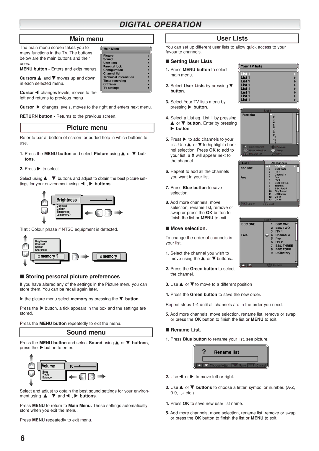 Sanyo CE32DFN2-B Digital Operation, Main menu User Lists, Picture menu, Sound menu, Storing personal picture preferences 