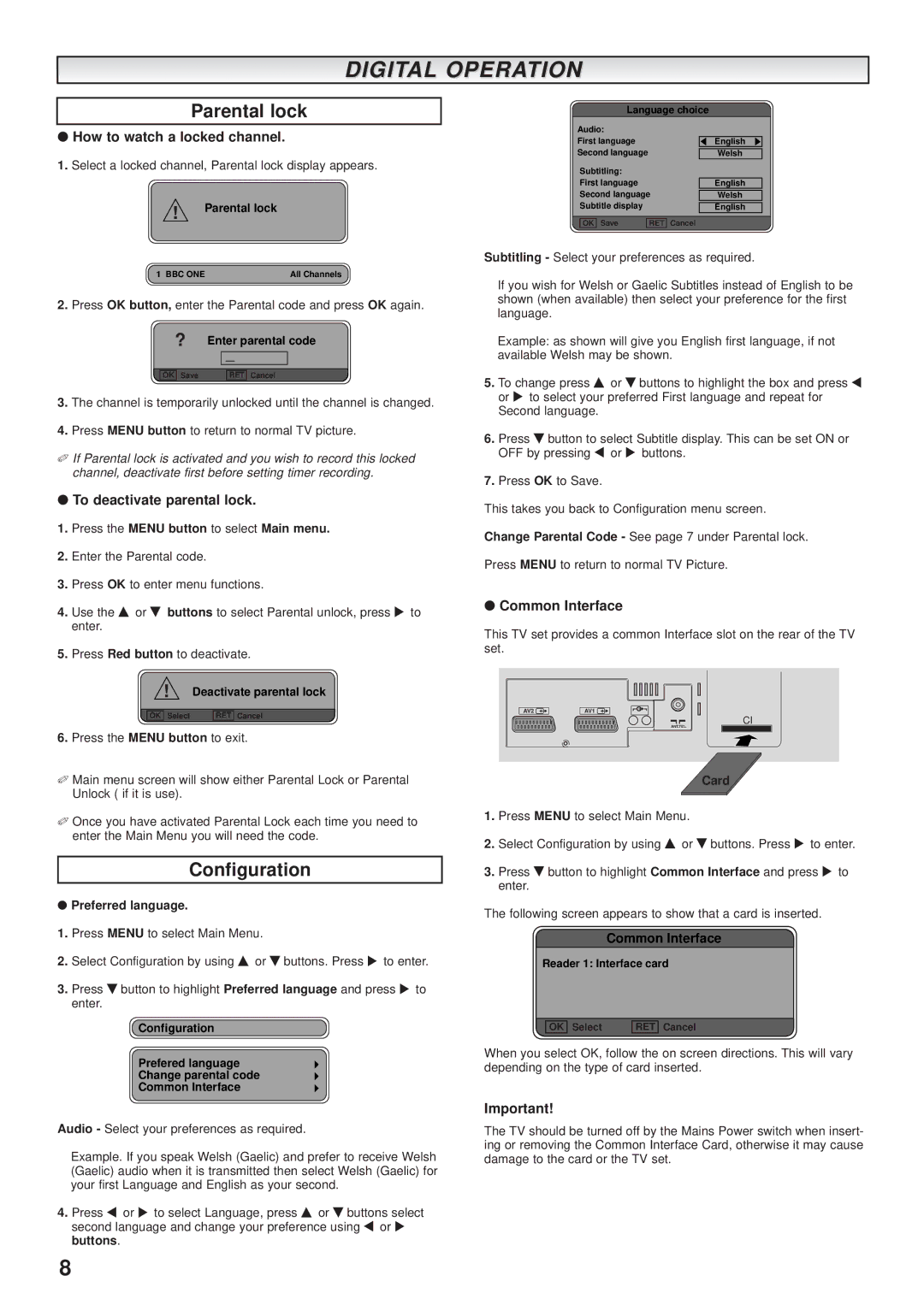 Sanyo CE32DFN2-B Configuration, How to watch a locked channel, To deactivate parental lock, Common Interface 