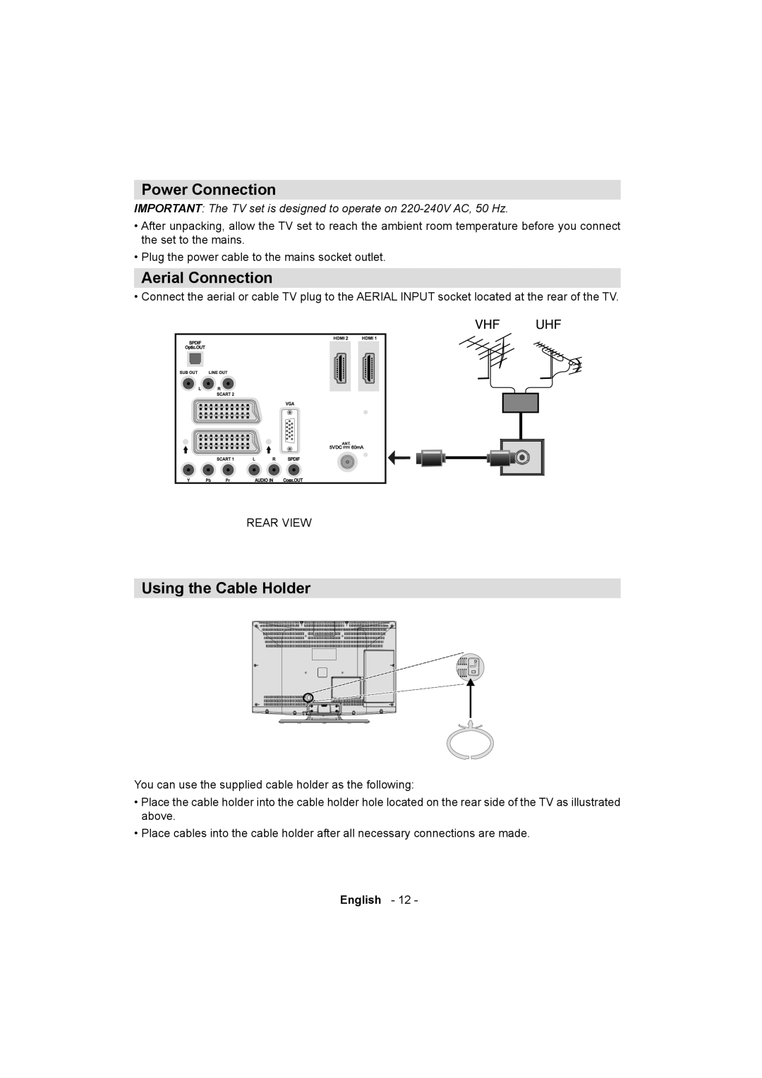 Sanyo ce32ld08-b instruction manual Power Connection, Aerial Connection, Using the Cable Holder 