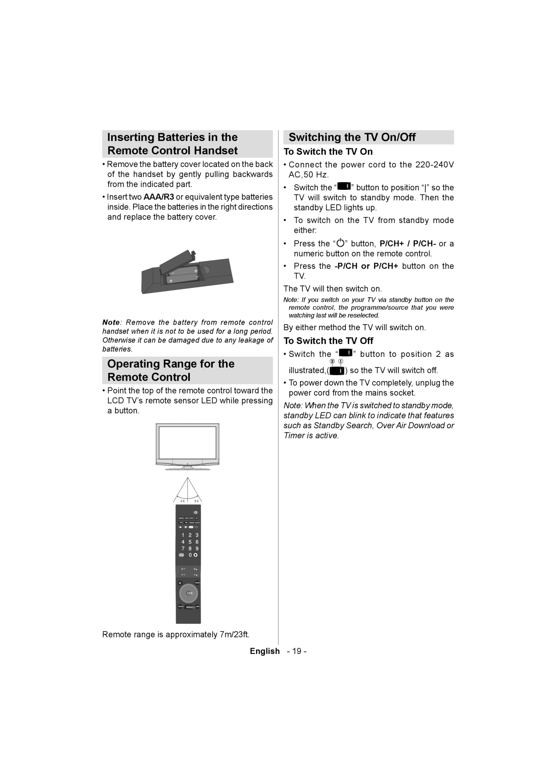 Sanyo ce32ld08-b Inserting Batteries Remote Control Handset, Operating Range for Remote Control, Switching the TV On/Off 