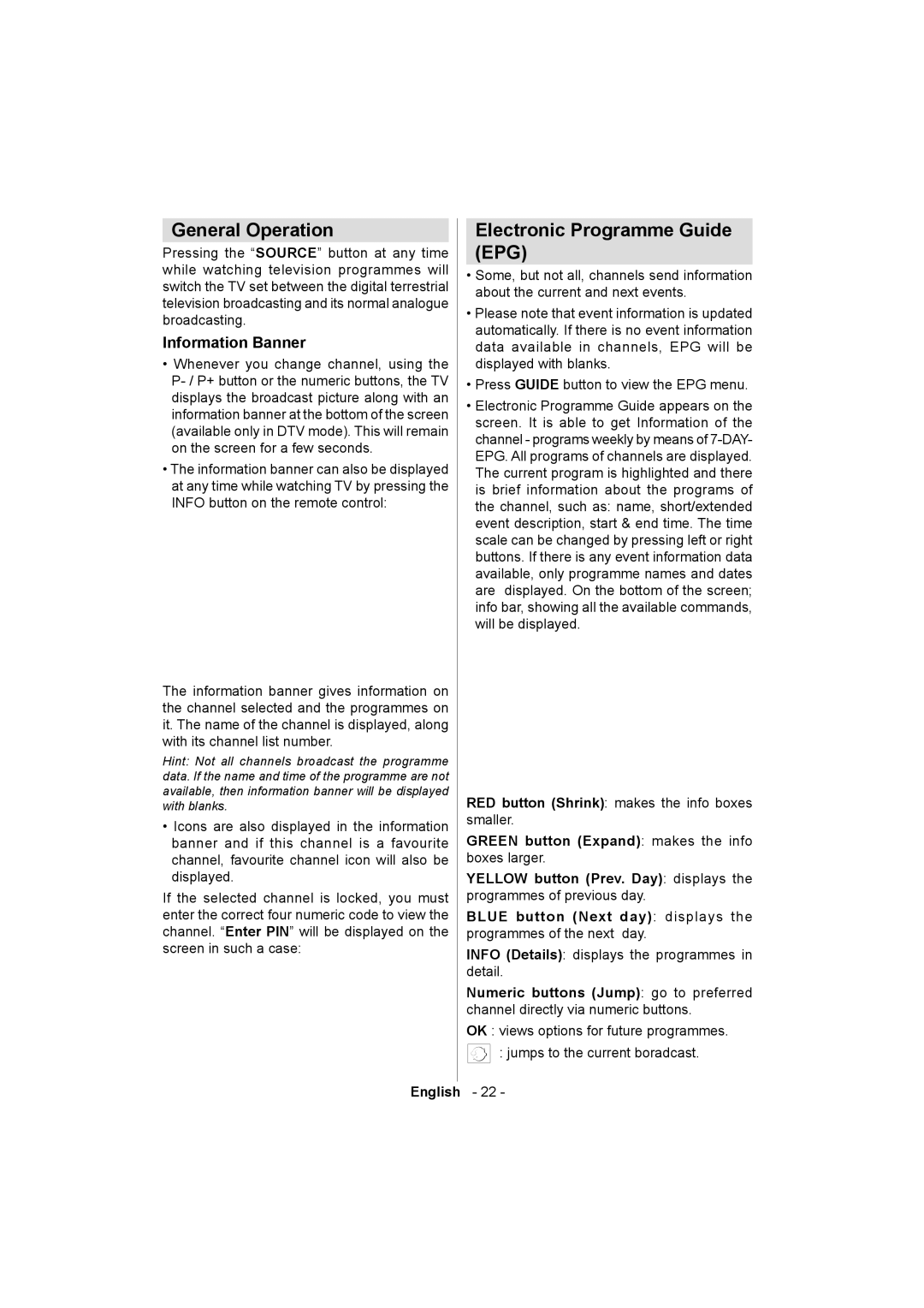 Sanyo ce32ld08-b instruction manual General Operation, Electronic Programme Guide, Information Banner 