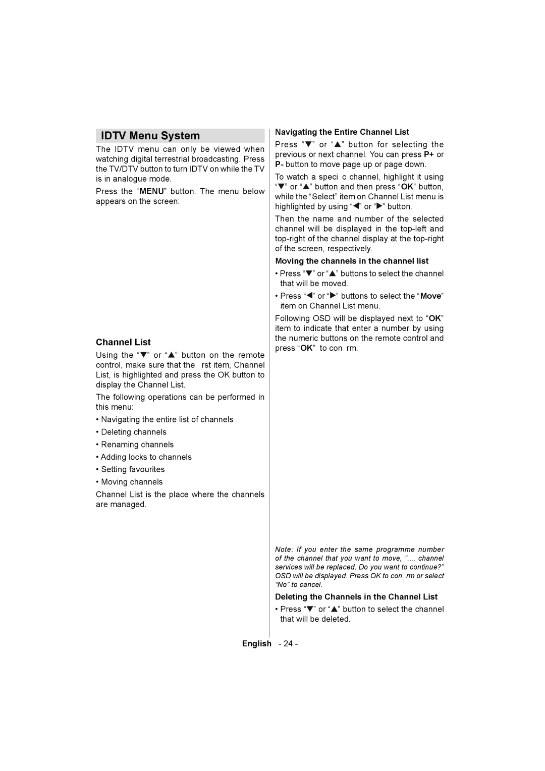 Sanyo ce32ld08-b Idtv Menu System, Navigating the Entire Channel List, Moving the channels in the channel list 