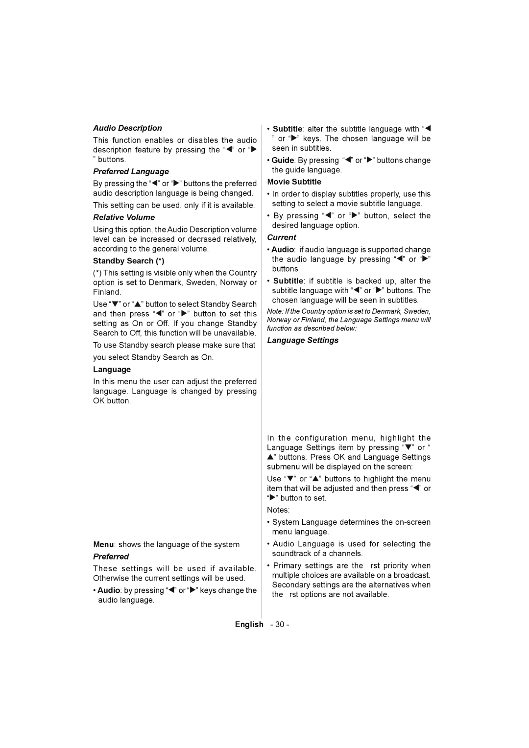 Sanyo ce32ld08-b instruction manual Audio Description, Preferred Language, Relative Volume, Current, Language Settings 