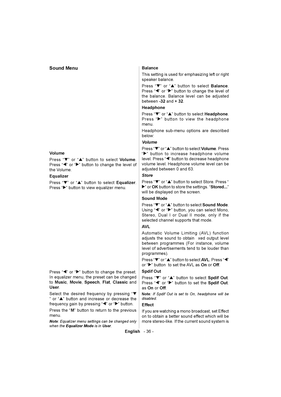 Sanyo ce32ld08-b instruction manual Sound Menu, Volume, Store 