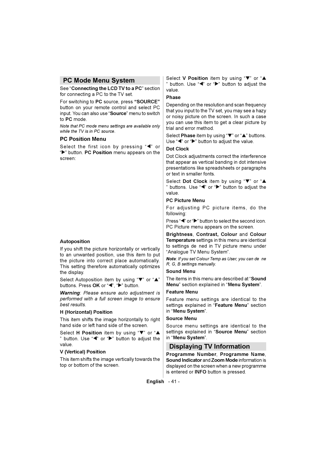 Sanyo ce32ld08-b instruction manual PC Mode Menu System, Displaying TV Information, PC Position Menu 