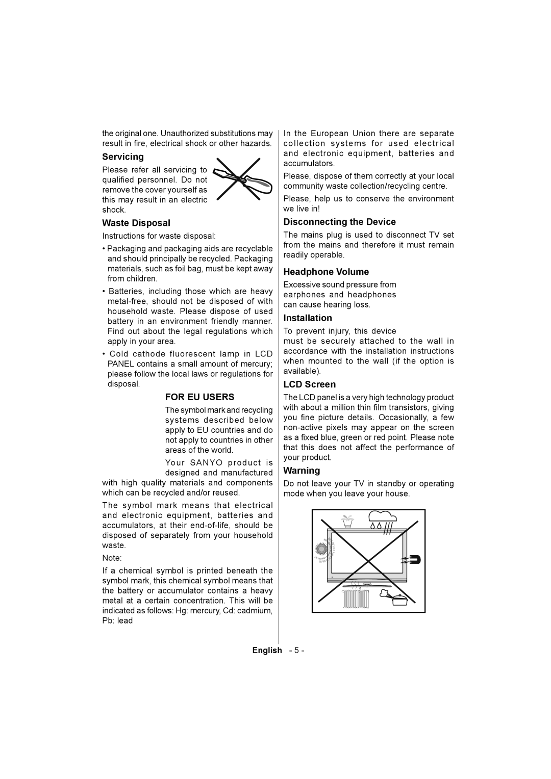 Sanyo ce32ld08-b Servicing, Waste Disposal, Disconnecting the Device, Headphone Volume, Installation, LCD Screen 