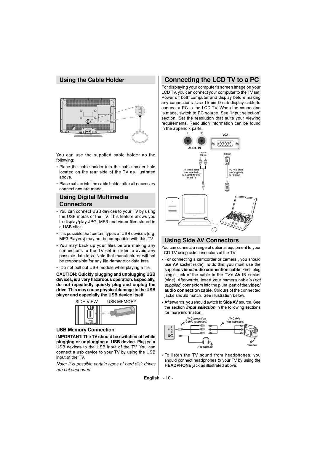 Sanyo CE32LD17E-B Connecting the LCD TV to a PC, Using the Cable Holder, Using Digital Multimedia Connectors 