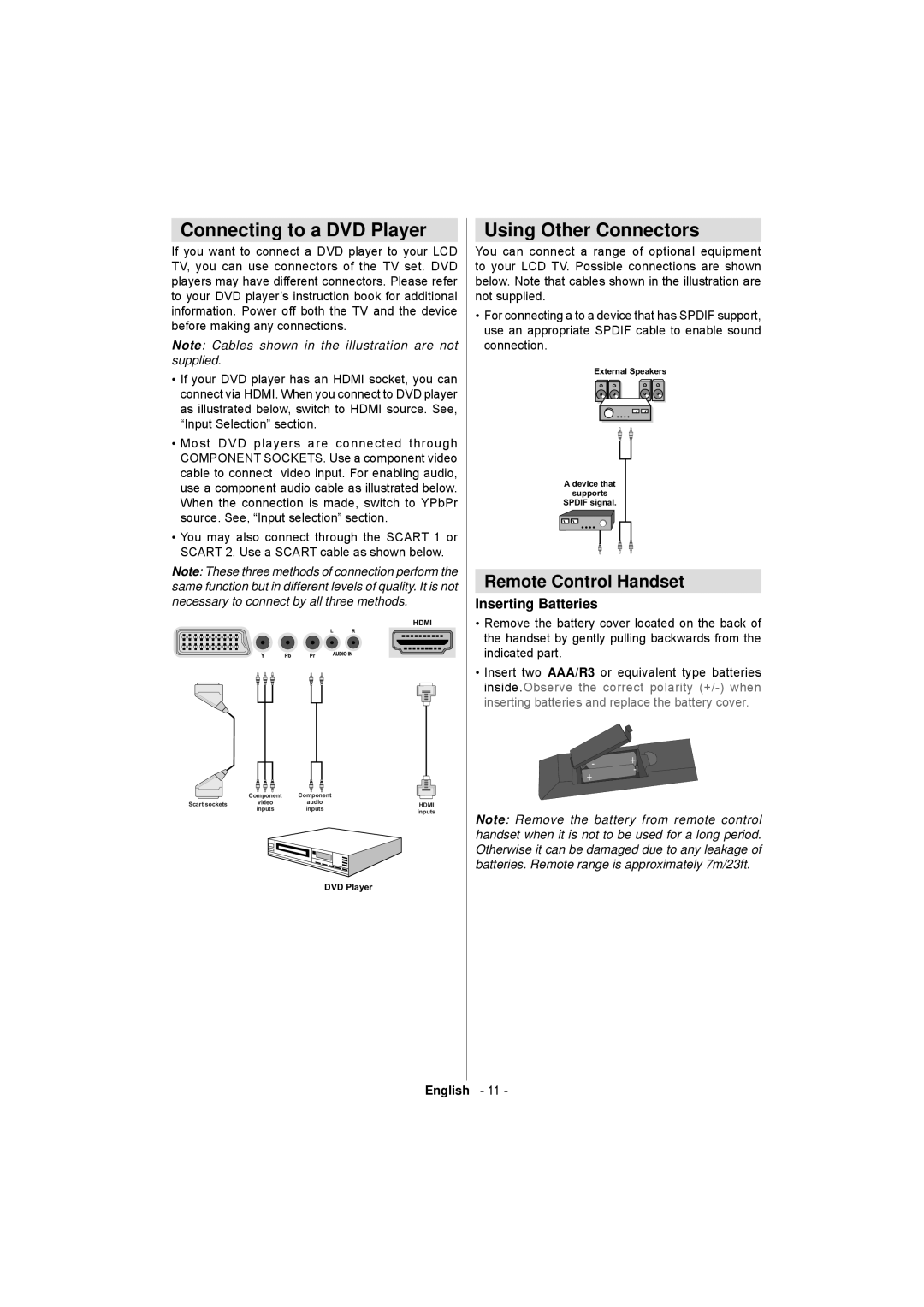 Sanyo CE32LD17E-B Connecting to a DVD Player, Using Other Connectors, Remote Control Handset, Inserting Batteries 