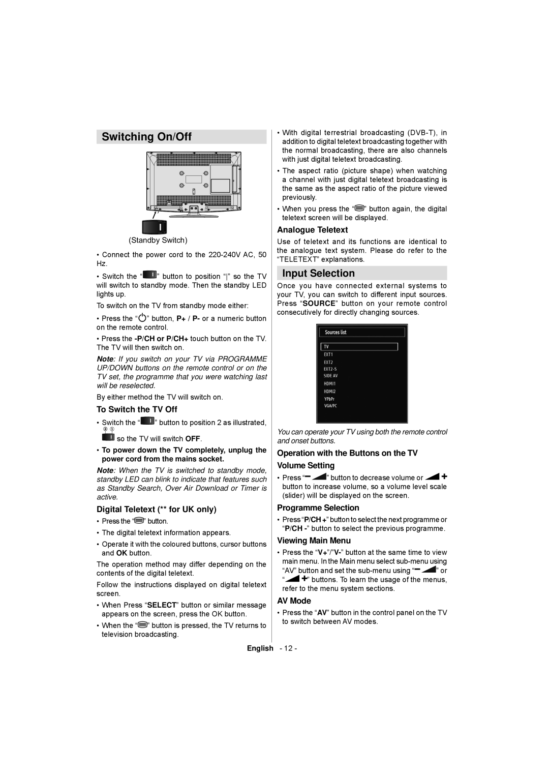 Sanyo CE32LD17E-B instruction manual Switching On/Off, Input Selection 