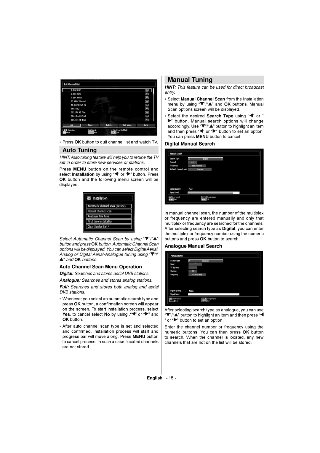 Sanyo CE32LD17E-B instruction manual Manual Tuning, Auto Tuning, Auto Channel Scan Menu Operation, Digital Manual Search 