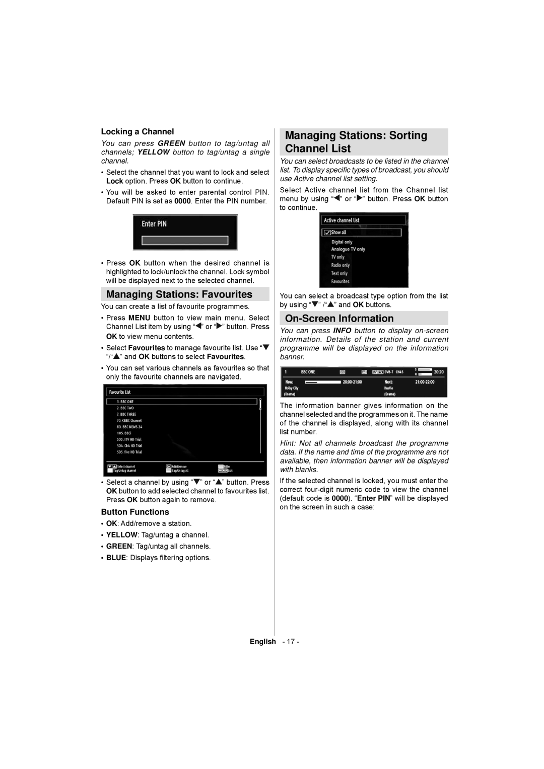 Sanyo CE32LD17E-B Managing Stations Sorting Channel List, Managing Stations Favourites, On-Screen Information 