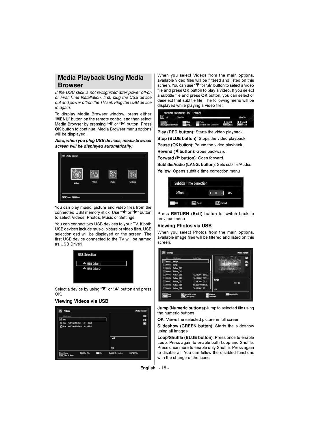 Sanyo CE32LD17E-B instruction manual Media Playback Using Media Browser, Viewing Videos via USB, Viewing Photos via USB 