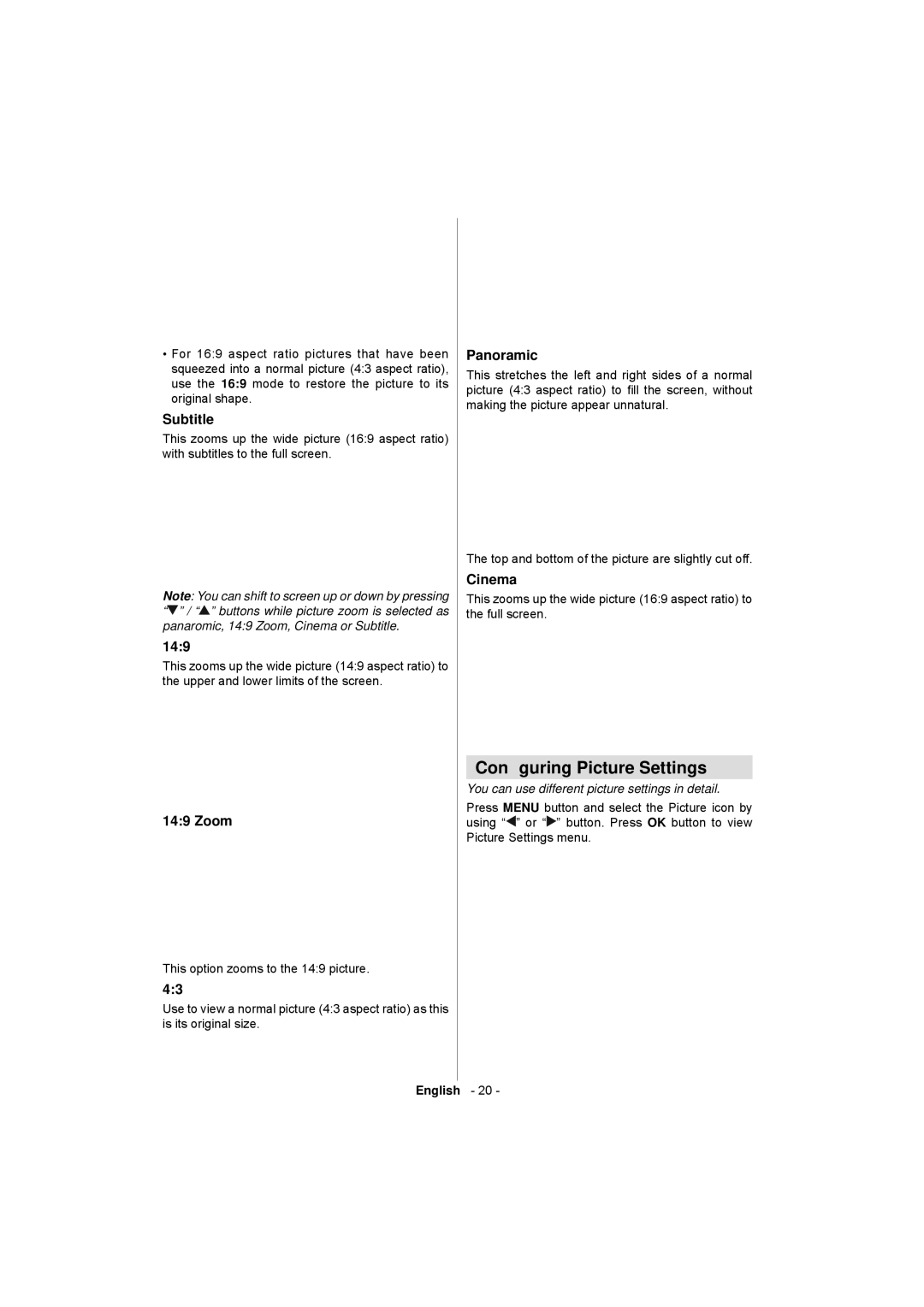 Sanyo CE32LD17E-B instruction manual Conﬁguring Picture Settings 