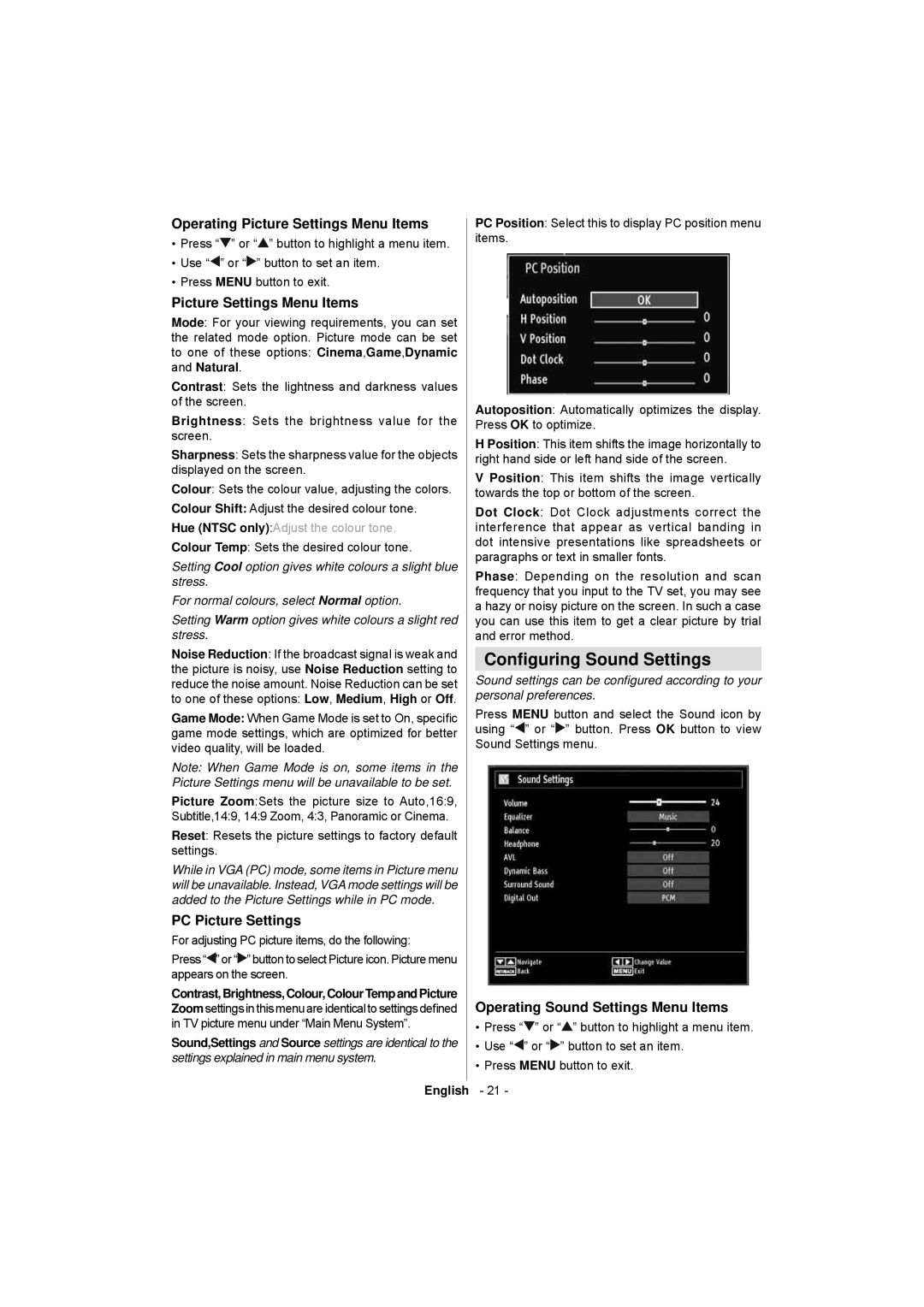 Sanyo CE32LD17E-B instruction manual Conﬁguring Sound Settings, Operating Picture Settings Menu Items, PC Picture Settings 