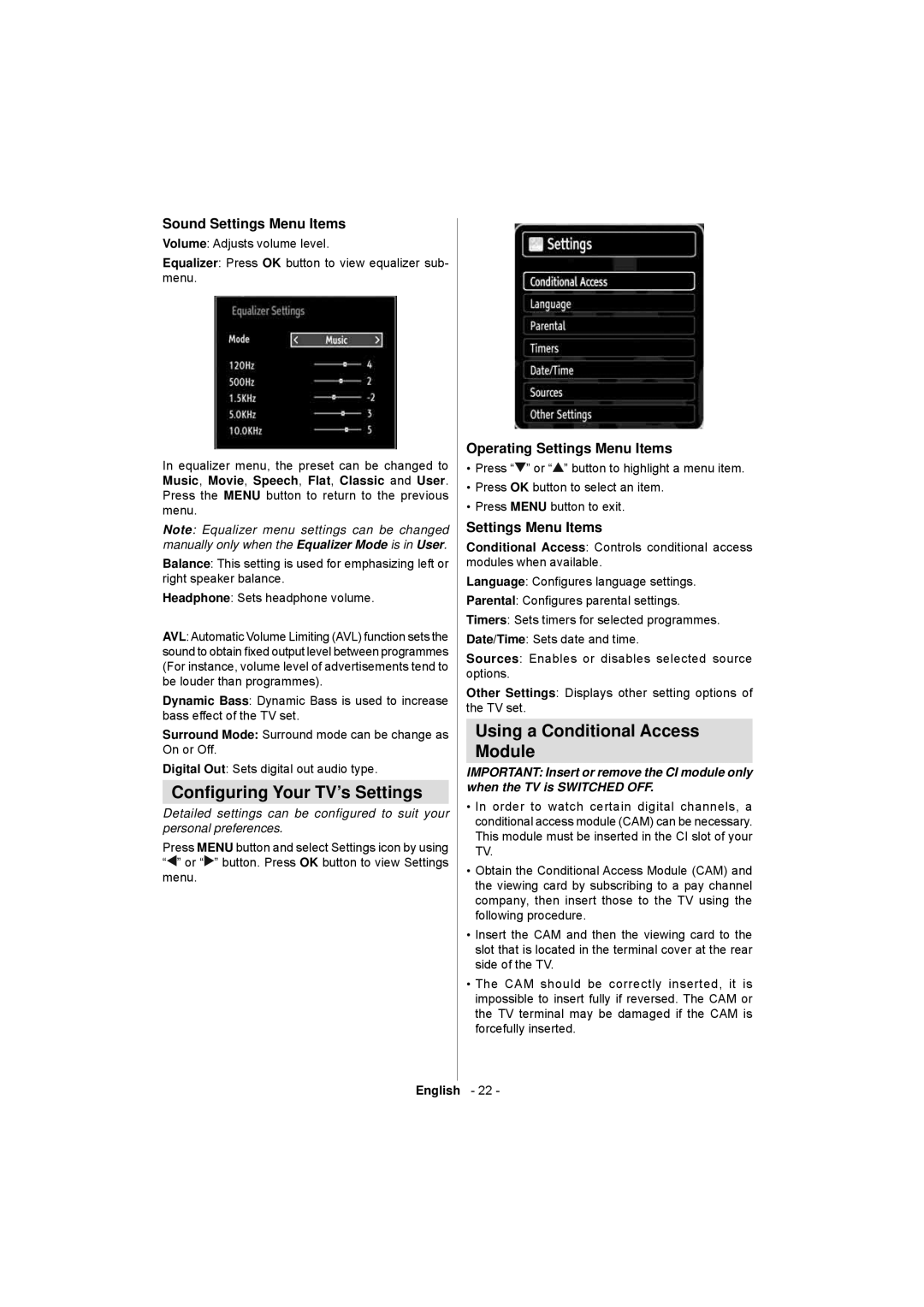 Sanyo CE32LD17E-B Conﬁguring Your TV’s Settings, Using a Conditional Access Module, Sound Settings Menu Items 