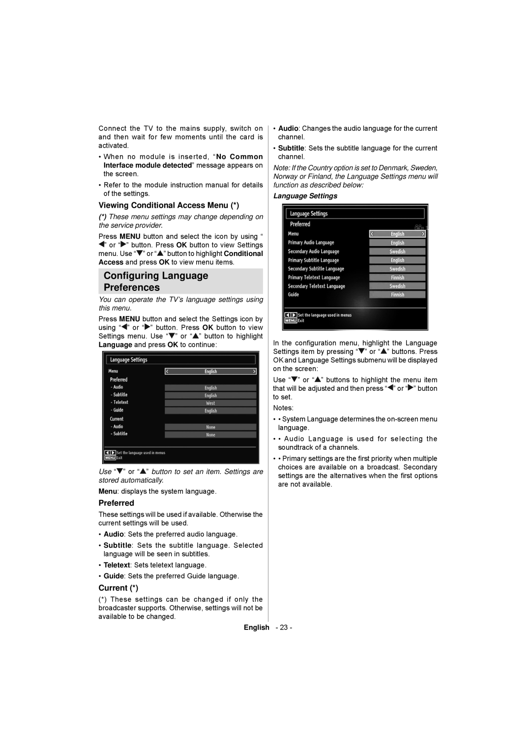 Sanyo CE32LD17E-B instruction manual Conﬁguring Language Preferences, Viewing Conditional Access Menu, Preferred, Current 