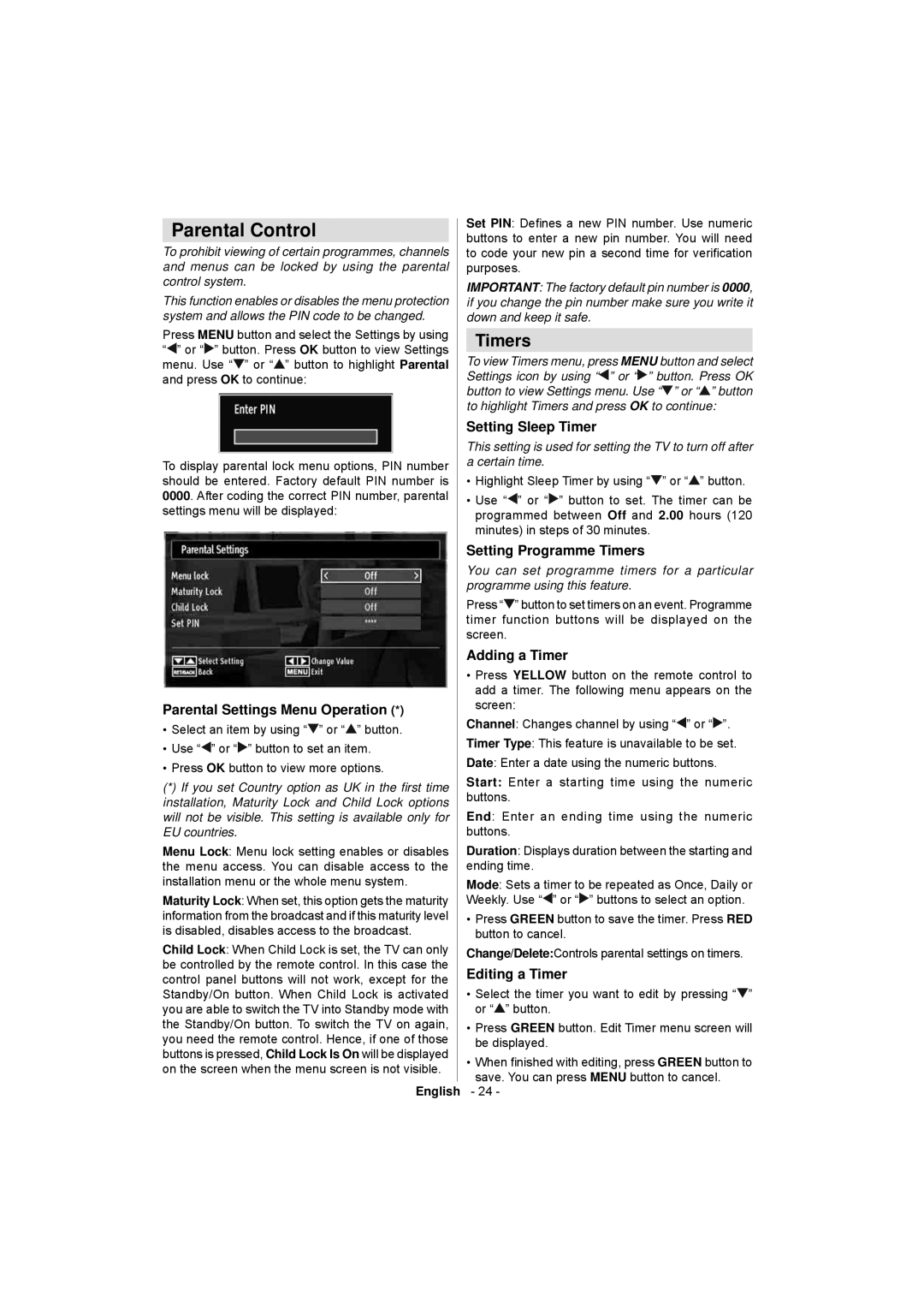 Sanyo CE32LD17E-B instruction manual Parental Control, Timers 