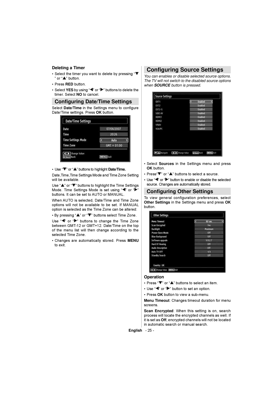 Sanyo CE32LD17E-B Conﬁguring Source Settings, Conﬁguring Date/Time Settings, Conﬁguring Other Settings, Deleting a Timer 