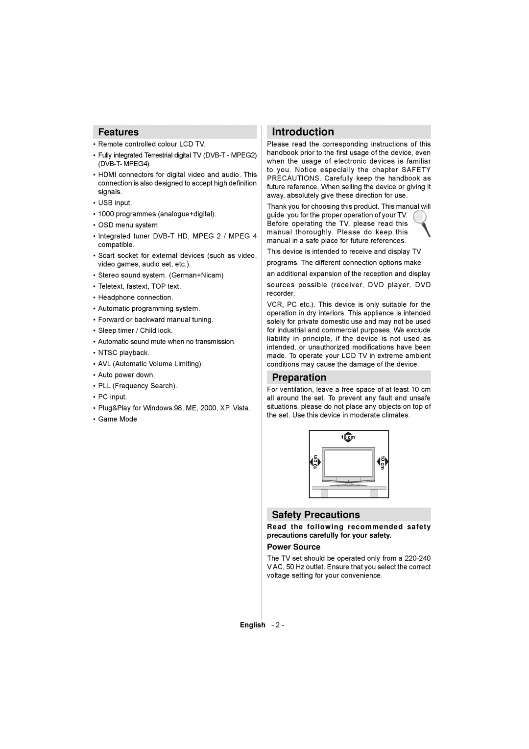 Sanyo CE32LD17E-B instruction manual Introduction, Features, Preparation, Safety Precautions, Power Source 