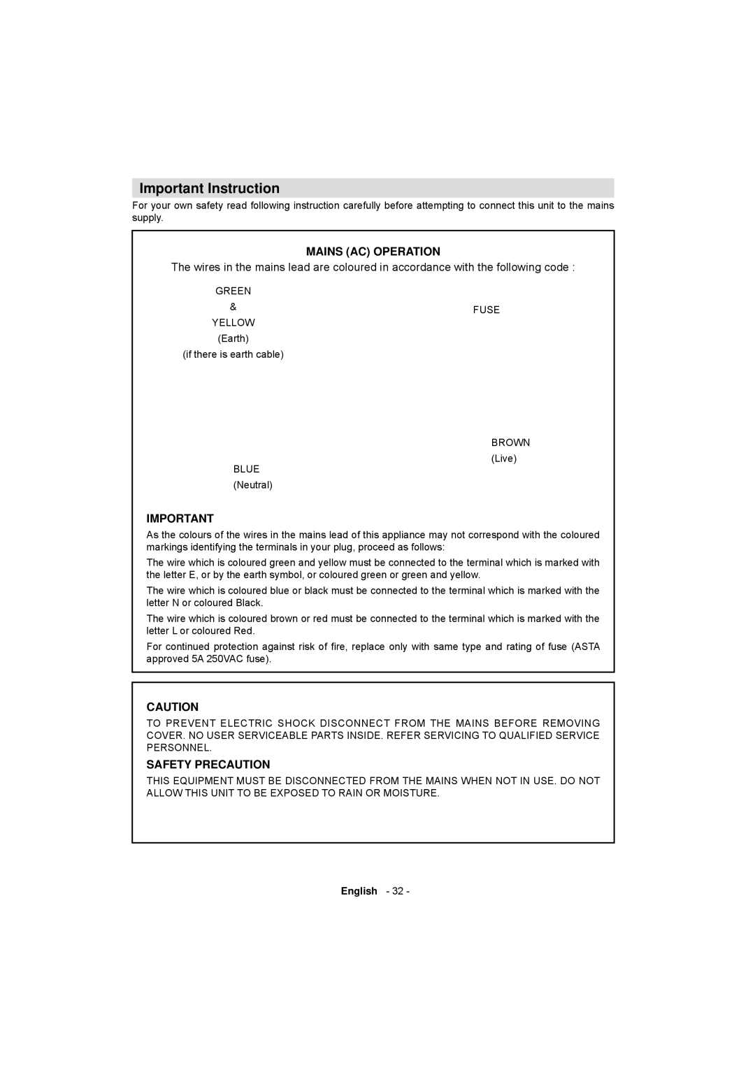 Sanyo CE32LD17E-B instruction manual Important Instruction, Mains AC Operation 