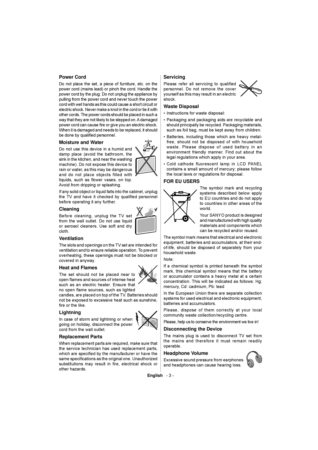 Sanyo CE32LD17E-B Power Cord, Moisture and Water, Cleaning, Ventilation, Heat and Flames, Lightning, Replacement Parts 