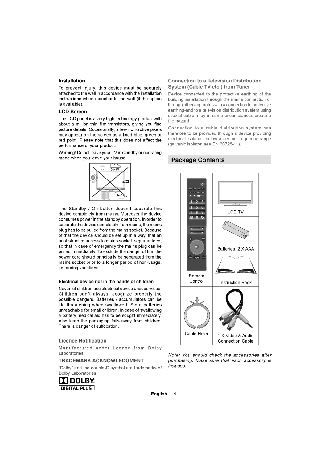 Sanyo CE32LD17E-B instruction manual Package Contents 